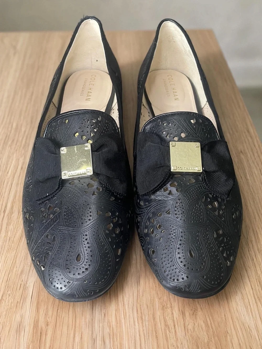 Black Cole Haan Leather Bow Loafers with Gold Accent - Women's Shoes